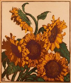 a painting of sunflowers on a white background