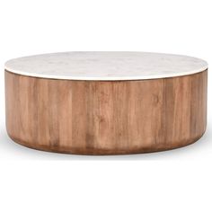 a white marble and wood coffee table with circular base on an isolated white background, viewed from the front