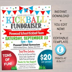 "Kickabll TEAM FUNDRAISER Tournament Event Flyer Template *ALL TEXT IS EDITABLE SO YOU CAN CREATE THIS TO SAY WHATEVER YOU WISH - TO CUSTOMIZE FOR YOUR EVENT! This printable 'KICKBALL FUNDRAISER' template set is yours to keep forever to use for countless events! A great value for your school, team, church, PTO PTA Organization, community fundraising events and more! *Designed for Printing 8.5x11\" ABOUT TEMPLETT FILES TRY THE DEMO NOW - Just copy and paste this url: https://templett.com/design/d Easy Fundraising Ideas For Kids, Ptp Ideas, Pto Fundraising Ideas, Community Event Ideas, Hoa Ideas, Pto Events, Pta Organization, Goals Activities