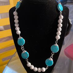 Genuine Turquoise Stones Wrapped In Silver With White Mountain Howlite Blanche Beads And Magnetic Closure! Simply Elegant!! Blue Beaded Howlite Necklaces, White Turquoise Bohemian Necklace, Blue Turquoise Howlite Necklace With Round Beads, Clear Locket Necklace, Betsey Johnson Necklace, Beaded Tassel Necklace, Silver Necklace Set, Long Silver Necklace, Gold Long Necklace