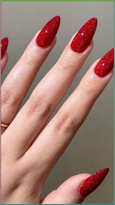 Red New Years Nails Sparkle, December Nails Colors, Festive Christmas Nails Red, Red Sparkly Nails Acrylic, Sparkling Red Nails, Christmas Nail 2024 Trends, December 2024 Nails, December Manicure, Red Glittery Nails