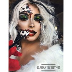 Cruella Deville Nail Art, 101 Dalmations Makeup, Cruella Halloween Makeup, Corella Deville Costume, Cruella Deville Costume Makeup, Cruella Deville Costume Halloween, How To Do Cruella Deville Makeup, Halloween Makeup Disney