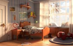 a child's bedroom with blue walls and wooden flooring is shown in this image