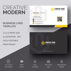 a modern business card with yellow and black accents on the front, side and back