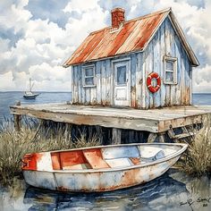 a painting of a boat sitting in the water next to a house with a life preserver on it