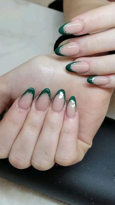 Hoco Makeup For Emerald Green Dress, Green French Tip With Silver Line, Emerald Green Grad Nails, Hoco Nails For A Emerald Green Dress, Green And Silver French Tip Nails, Emerald Green Silver Nails, Homecoming Nails For Green Dress, Green French Tip Nails Christmas, Hoco Nail Ideas Green Dress