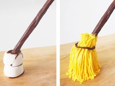 two pictures side by side, one with a yellow mop and the other has a brown handle