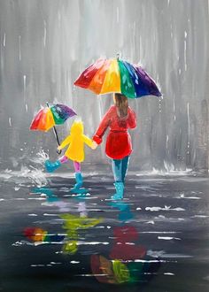 a painting of two people holding hands while walking in the rain with umbrellas over their heads