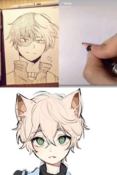 two pictures one with an anime character and the other with a cat's head