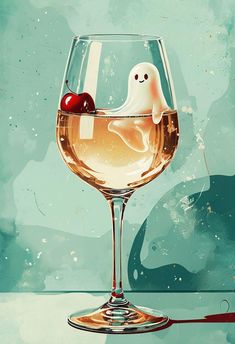 a painting of a wine glass filled with liquid and a ghost floating in the water