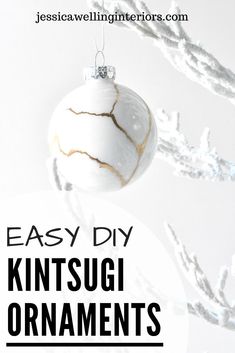 an ornament hanging from a tree with text overlay that reads easy diy knitsugi ornaments