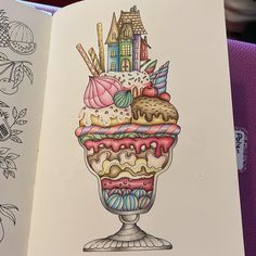 the coloring book is open to show an ice cream sundae with toppings on it