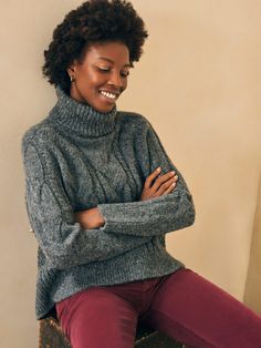 Whether you're sipping cocoa slopeside or in the city getting your holiday shopping done, this deliciously soft sweater was made for winter moments. The chunky cable knit and extra cozy turtleneck styling is a must-have whether you're throwing it on over sweats or winter white bottoms for a more refined look. Fit: Relaxed fit  Detail: Long sleeve fold over turtle neck. Cable and waffle stitch details. Material: 70% Alpaca, 23% Polyamide, 7% Merino Wool Model: Miracle is 5’10 wearing size Small, Ashley is 5'9 wearing size XL Care: Dry Clean. Do not Bleach. WYH2311-CCL Womens Packing List, Turtleneck Styling, Over Sweating, Tank Jumpsuit, White Bottoms, Waffle Stitch, Chunky Cable Knit, Swim Pants, Soft Sweater