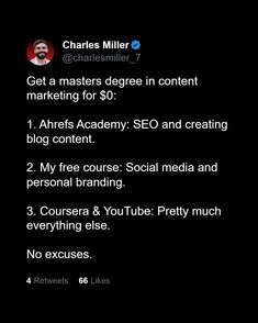 a twitter post with the caption'get a masters degree in content marketing for $ 0 '