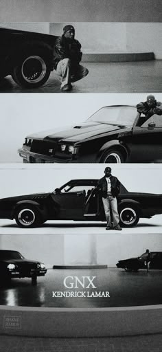 four photographs of men standing in front of classic muscle cars and one man sitting on the hood of a car