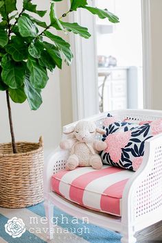 a stuffed animal sitting on top of a white chair next to a potted plant