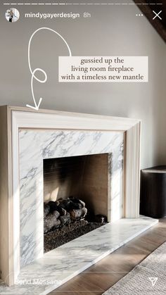 an image of a fireplace in the middle of a living room with text above it