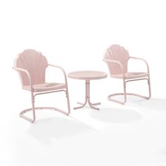 two pink plastic chairs and a small table on a white background with one chair facing the other