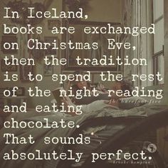 two people laying on a bed with the words in iceland, books are exchangeable on christmas eve then the tradition is to spend the rest of