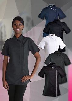 The Madri beauty salon tunic reflects the style of oriental salons. It is common to see these stylish beauty tops at niche salons and spa’s across Johannesburg and Cape Town. The fashionable design of the madri salon top caters to beauty therapists looking for a versatile beautician uniform. In addition to style, the durability of this beauty salon clothing range makes them perfectly suited daily use in busy health and beauty salons Salon tunic designed with back darts for a feminine fit • ... Beautician Uniform, Beauty Salon Uniform Ideas, Barber Man, Uniform Ideas