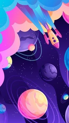 an image of a space scene with planets and rockets