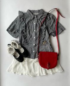 50s Aesthetic Fashion, Gingham Outfit Ideas, Gingham Shirt Outfit, Gingham Skirt Outfit, Red Shirt Outfits, Gingham Outfit, Her Drawing, Ballet Flats Outfit, School Homework