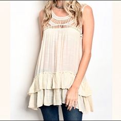 Anaise Boho Ivory Ruffled Crochet Tank Tunic Top. Size Small On Display. Measurements Lay Flat Approximate. Small: Pit To Pit 19” Length Longest Point 29” Med: 20” X 31” Lg: 21” X 32” Wanderlust Blogger Style Boho Gypsy Hippie Tribal Western Festival Urban Anthropologie Free People Madewell Reformation Revolve Aritzia Sundance Spell & The Gypsy Collective For Love & Lemons Cleobella Misa Los Angeles Johnny Was Loveshackfancy Faithfull The Brand Ulla Johnson We Are Kindred Tularosa Bohemian Lace Top, Western Festival, White Crop Tank, White Crop Top Tank, Tiered Tops, Ruffled Tunic, Crochet Tank, Tunic Tank Tops, Faithfull The Brand