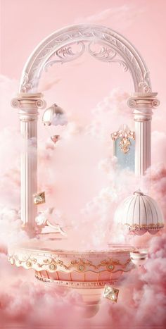 an artistic photo with pink clouds and white pillars in the sky, surrounded by other objects