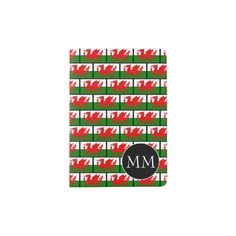 a red and green plaid pattern with the letter m on it's front cover