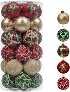 an assortment of christmas ornaments in a clear container