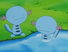 two cartoon characters are standing in the water