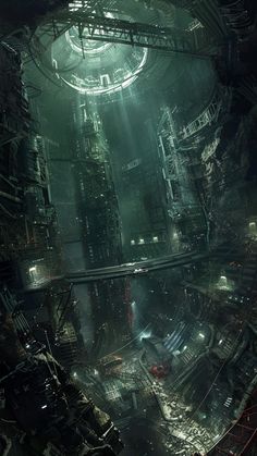 a futuristic city with lots of tall buildings and lights in the center is surrounded by debris