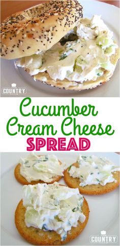 two pictures with the words cucumber cream cheese spread on them and an open bagel