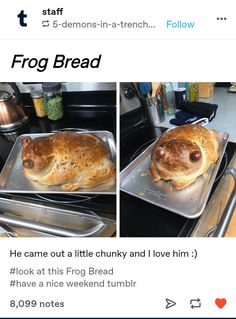 two photos of food cooking in pans on the stove top, and one is being cooked