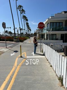 a stop sign is painted on the side of an empty street with palm trees in the background