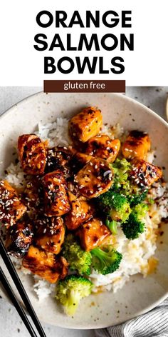 orange salmon bowls with white rice and broccoli on the side in a bowl