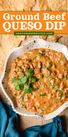 Don't miss out on this football party food idea! It's the BEST Ground Beef Queso Dip. Not only is this cheese dip wonderfully creamy and meaty, but it is also an easy game day recipe in just 15 minutes! Save this crowd-pleasing appetizer recipe! Ground Beef Queso Dip, Ground Beef Dip, Ground Beef Queso, Beef Queso Dip, Homemade Queso Dip, Football Dip, Queso Dip Crockpot, Homemade Queso, Potluck Food