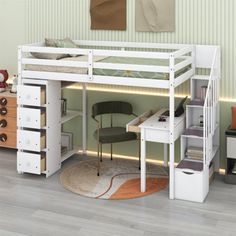 a white loft bed with desk underneath it