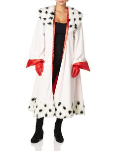 PRICES MAY VARY. Size: Medium 100% polyester, faux fur is 70% acrylic 30% polyester White polyester jacket has red satin lining Polka dot faux fur on the collar and hemline Pair of red polyester gloves Cruella Deville Mask, 101 Dalmations Costume Family, Cruella Deville Costume Women, Dalmations Costume, 101 Dalmations Costume, Best Winter Jacket, Cruella Deville Costume, Black And White Wig, Cruella Costume