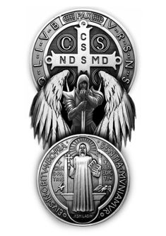 two medals with angels on them and the words css nds m d written below