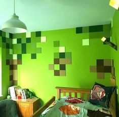 a bedroom decorated in green and brown with squares on the wall, bedding and nightstands