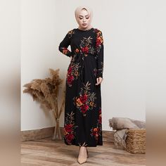 New!!! Maxi Dress Black With Red And Yellow Flowers - Crew Neck ( Unlined) -Long Sleeved And Belted Waist. -Material Is A Little Stretchy So The Elasticity Of The Material Enables Strength And Durability. -Light Weight Of The Fabric Keeps The Condition Better For Longer Use. -Material: Polyester -Size Is (3xl) International -Fit Is Size 14 Us - Length Approx: 54" *Brand New Without Tags, And Never Washed Or Worn! Modest Black Floral Print Maxi Dress, Modest Black Maxi Dress With Floral Print, Chiffon Dress Hijab, Modest Winter Dresses, White Chiffon Dress, Yellow Polka Dot Dress, Red And Yellow Flowers, Modest Dresses For Women, Chiffon White Dress