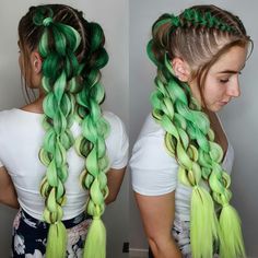 Green Rave Braids, Green Festival Braids, Colorful Braided Hairstyles, Festival Hairstyles Braids, Festival Braids With Color Extensions, Braided Hairstyles With Extensions, Rave Braids Festival Hair, Edc Hair