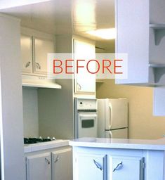 a kitchen with white cabinets and an island in front of the stove top is shown before and after remodeling