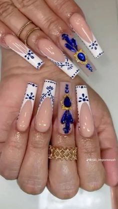 Blue Nails Mexican, Virgin Mary Charm Nails, Fuerza Regida Concert Nails, Ranchera Nails, Tequila Inspired Nails, Clase Azul Tequila Nails, Classic Long Nails