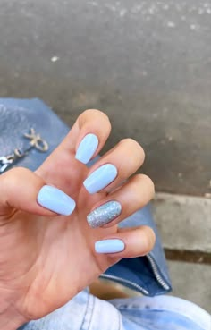 Natural sparkling simple Light Blue Nails With Sparkle, Light Blue New Years Nails, Square Baby Blue Nails, Baby Blue Glitter Nails, Blue Nails With Sparkles, Light Blue Sparkly Nails, Leah Halton Makeup, Baby Blue Nails With Glitter, One Glitter Nails