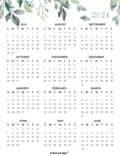 a calendar with green leaves on it