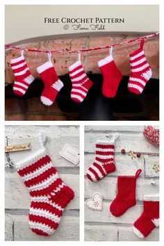 three pictures of christmas stockings hanging on a clothes line, with the text free crochet pattern below