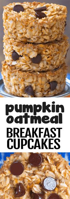 pumpkin oatmeal breakfast cupcakes stacked on top of each other with chocolate chips