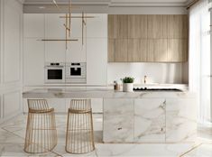 a white kitchen with marble counter tops and chairs in front of the stove top oven